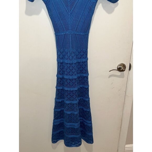 Aqua Blue Puff Sleeves Knit Stretch Crochet Midi Dress Women's Size S - Picture 4 of 10